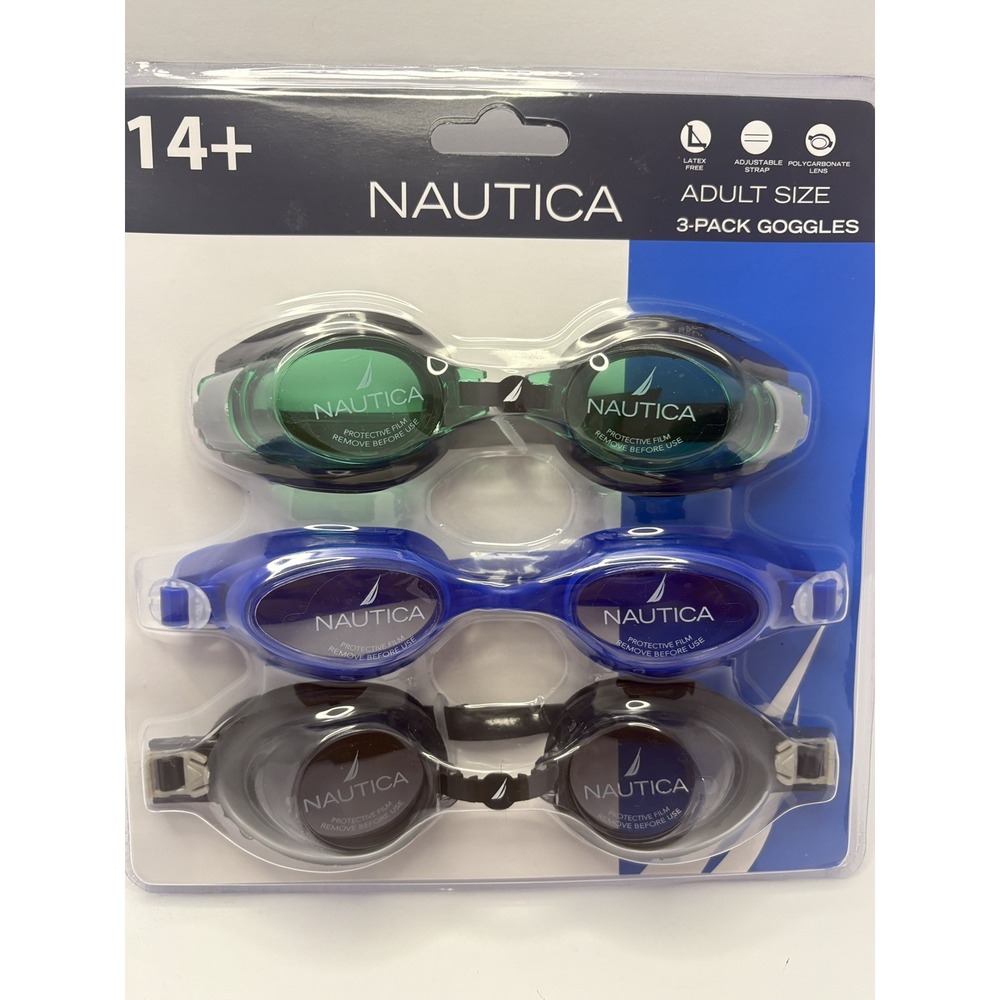 Nautica Adult Size Swimming Goggles 3 Pack Latex Free Polycarbonate Lens 14+ ✅